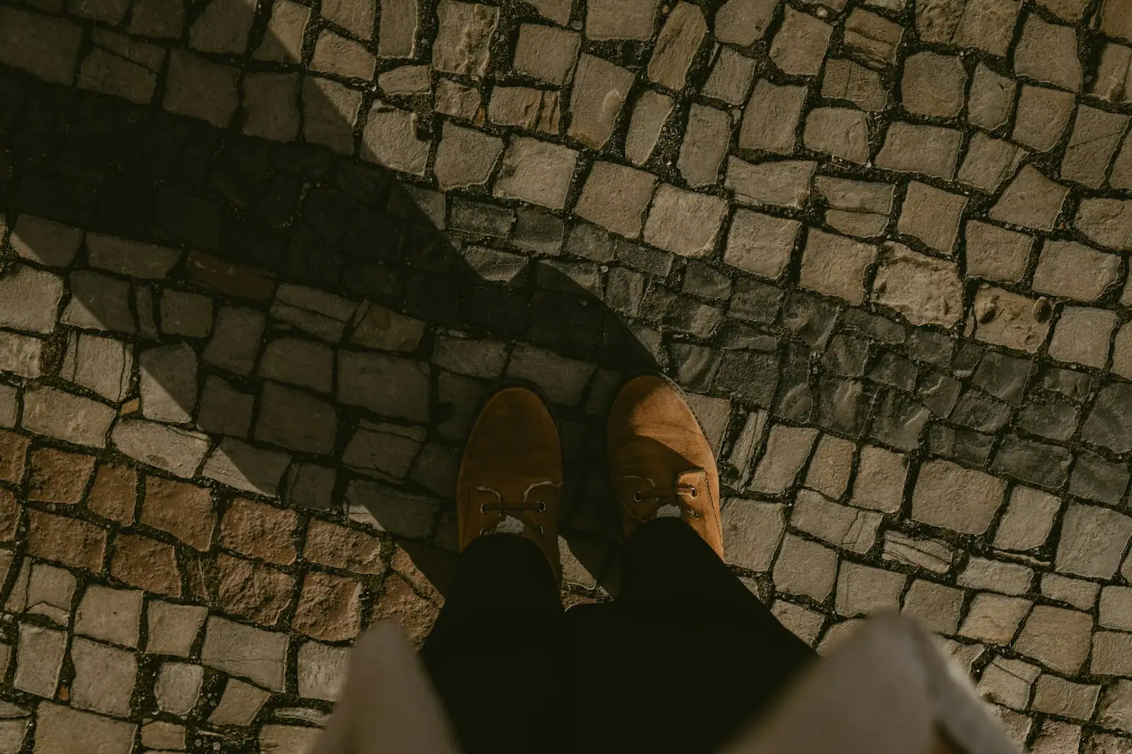 Feet standing on a cobblestone path with shadow