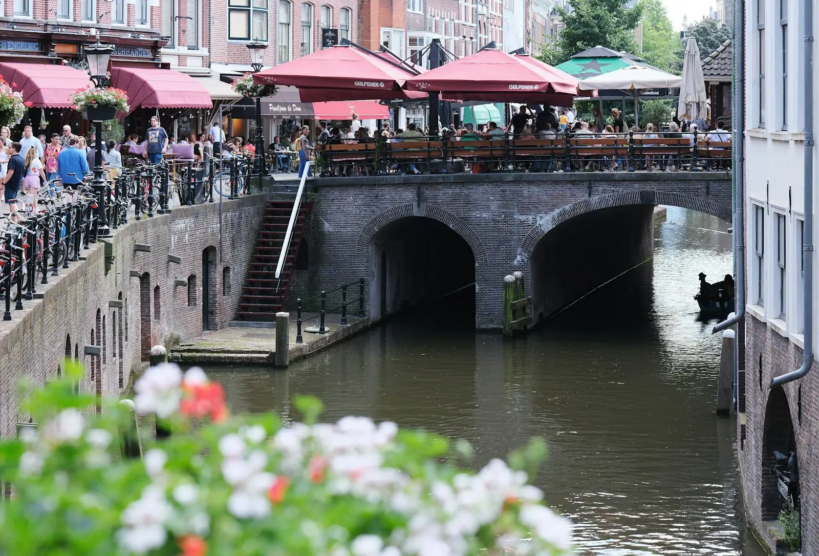 A bridge over a river with a bunch of people on it