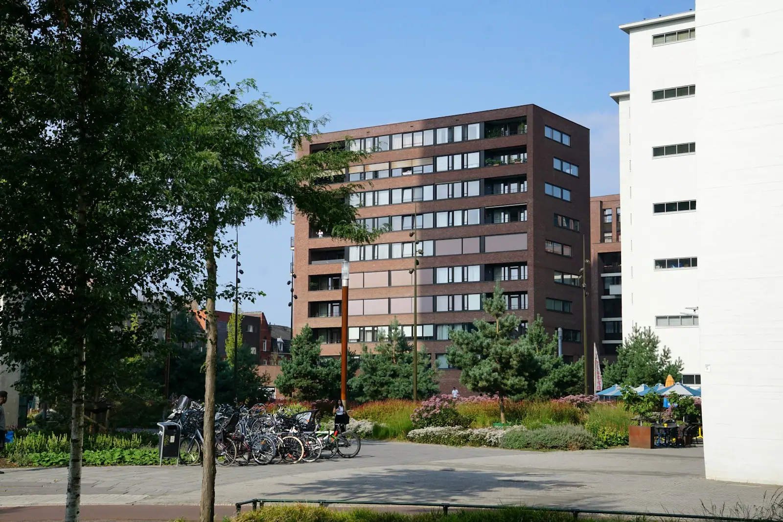 A brown apartment building behind a park with bicycles and green trees