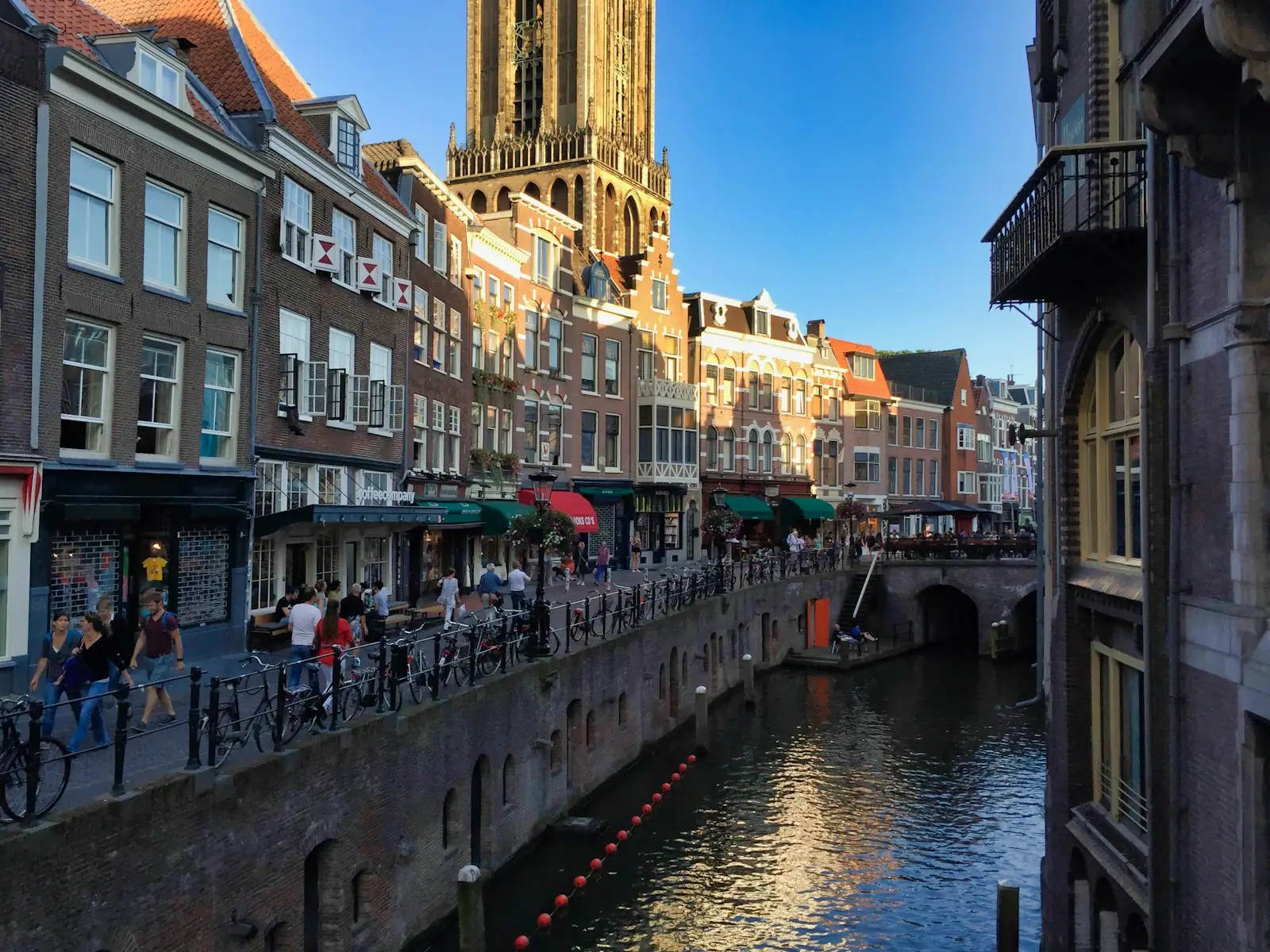 People walking on sidewalk beside river during daytime