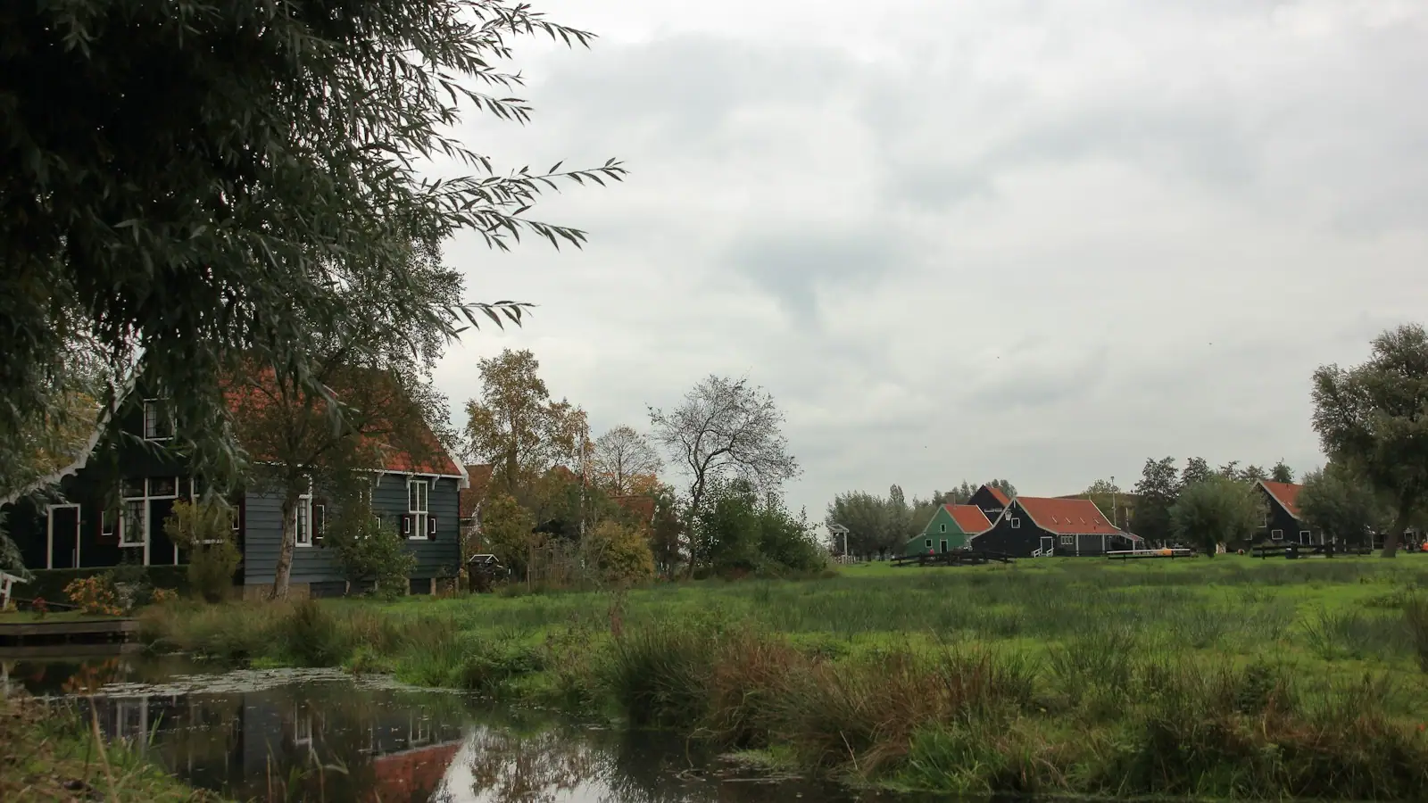 Houses by the water on a cloudy day