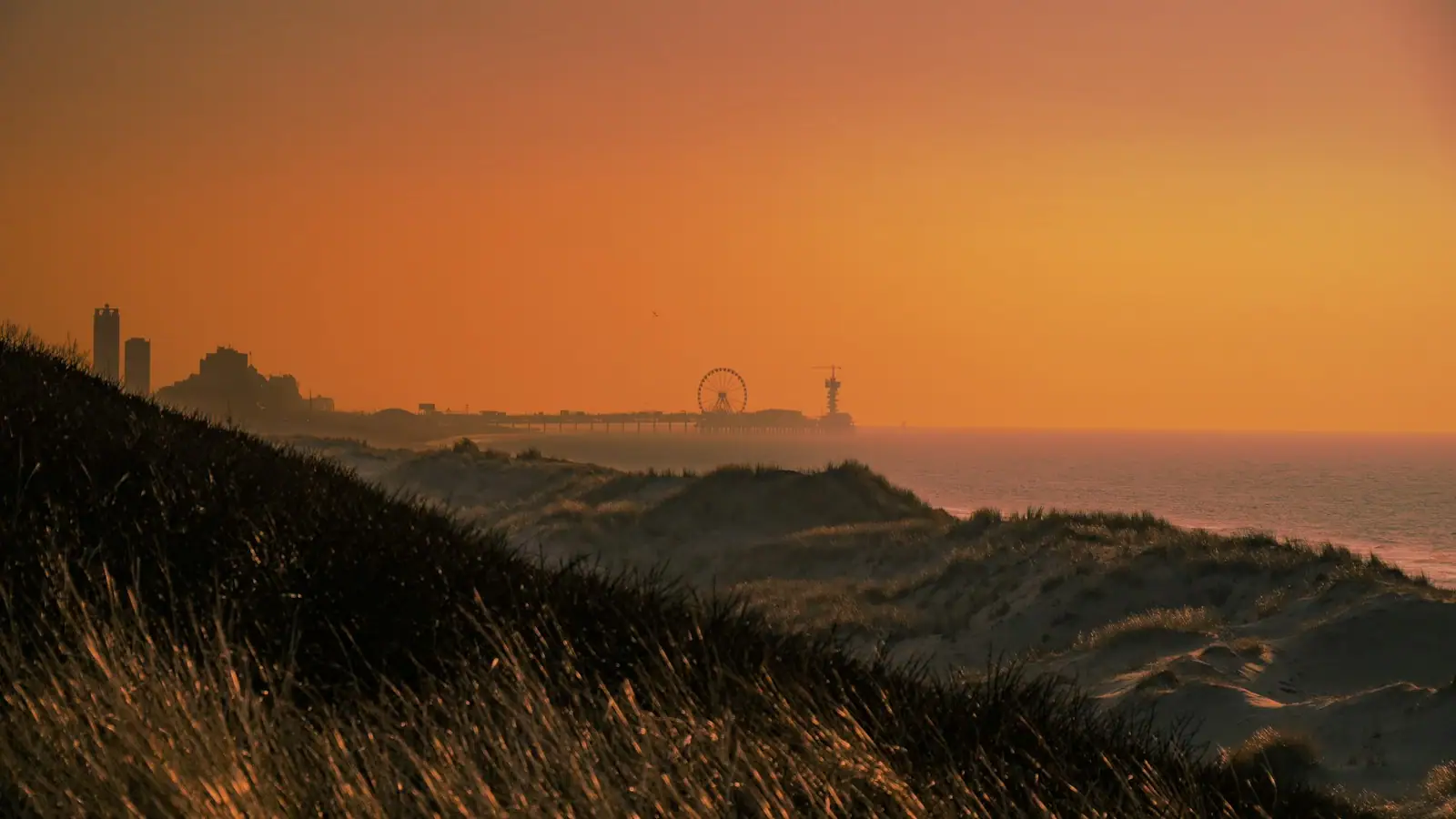 A sunset view of a beach with a ferris wheel in the distance